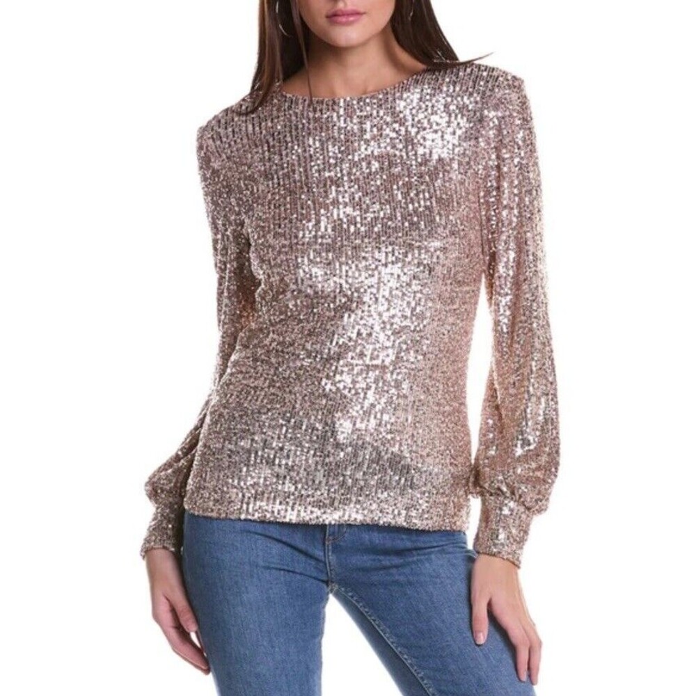 Rickie Freeman Teri Jon Womens Long Sleeve Sequin Stretch Shirt Top Gold Size 4